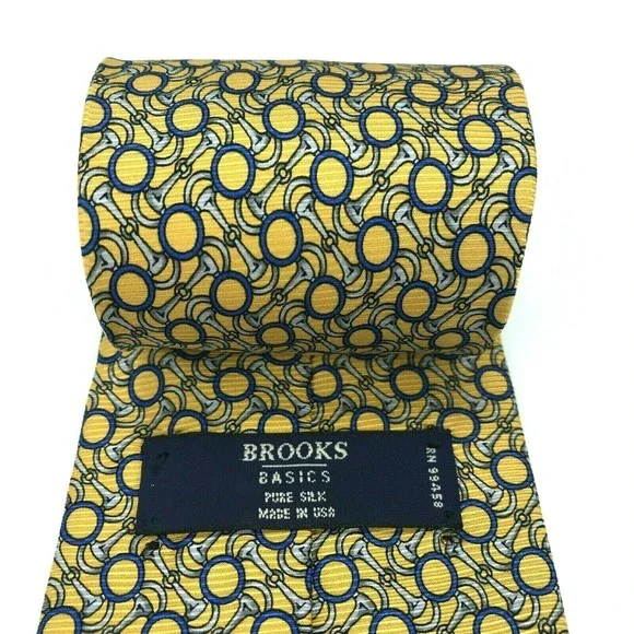 Brooks Basics Pure Silk Yellow Tie Silver Bridle Bits Blue Circles Men's Necktie