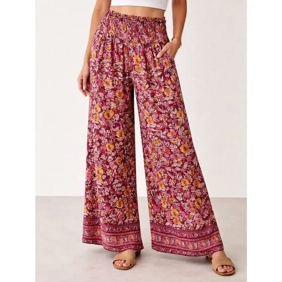 Bali Queen OS Boho Floral Wide Leg Palazzo Pants Smocked Waist Festival