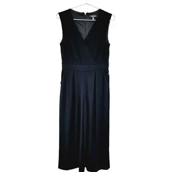 Nine West Womens Jumpsuit Black Surplice Neck Sleeveless Long Wide Leg Pleats 4