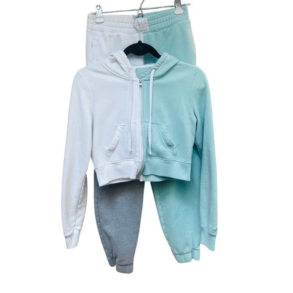 Hollister Y2K Women Mint Green White Colorblock Cropped‎ Zip Hoodie & Joggers