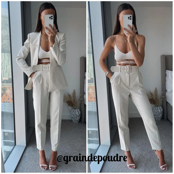 Rare! Zara Blogger Ecru Off White High Waist Belted Trousers XS