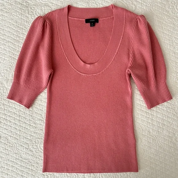 J.Crew Pink Puff-Sleeve Silk-Blend Short Sleeve Ribbed Knit Top Sweater