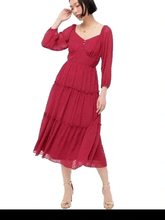 J. Crew Tiered Swiss Dot Midi Dress Berry Pink Ruffle Elegant Puff Sleeve 12