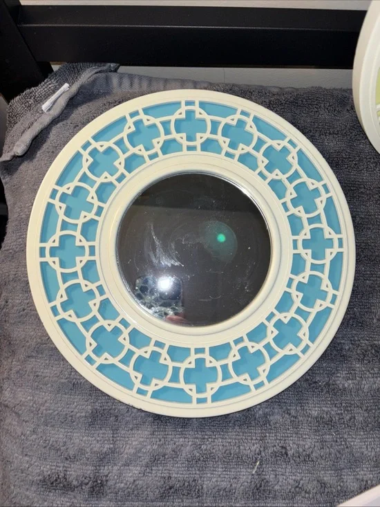 Coastal Lattice Round Wall Mirror in White and Blue