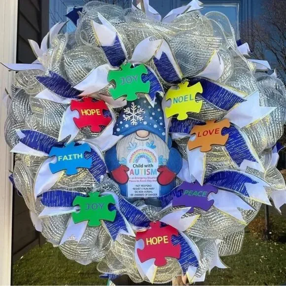Autism Christmas wreath handmade 26” Deco MESH