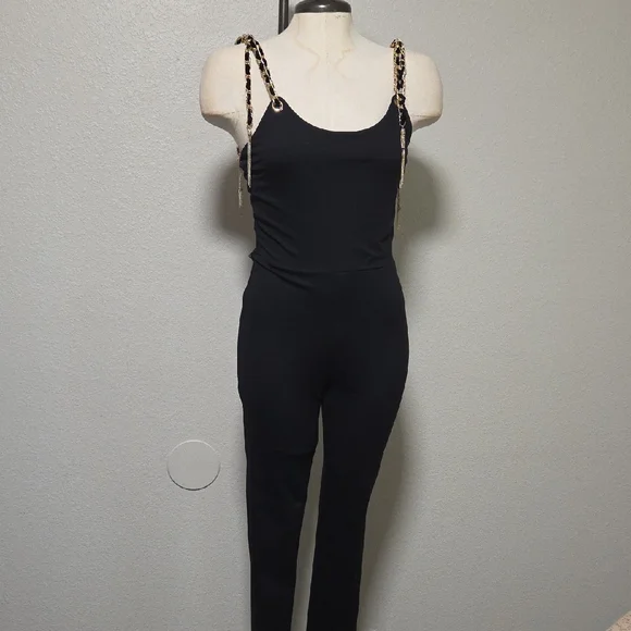 Women's Chic Black Jumpsuit with Leopard Straps