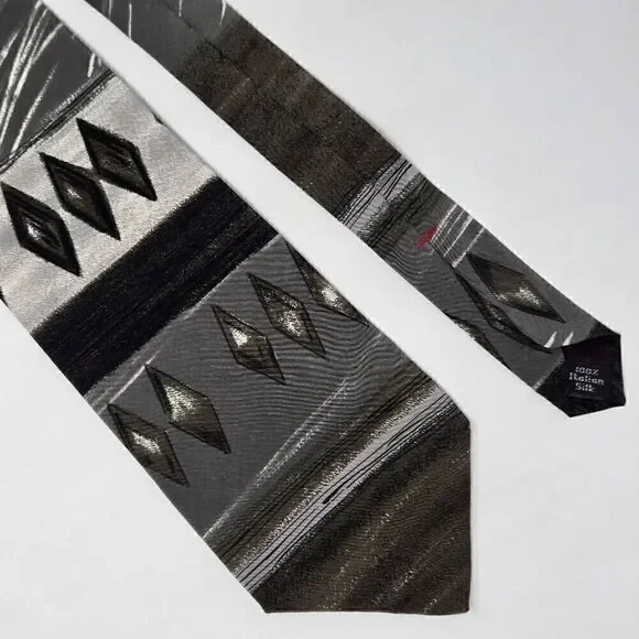 CONTE DI MILANO MADE IN ITALY SILK TIE GRAY OLIVE DIAMOND WATERCOLOR 4