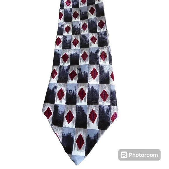Vintage 90s Corner Stone Red Gray Geometric Silk Neck Tie