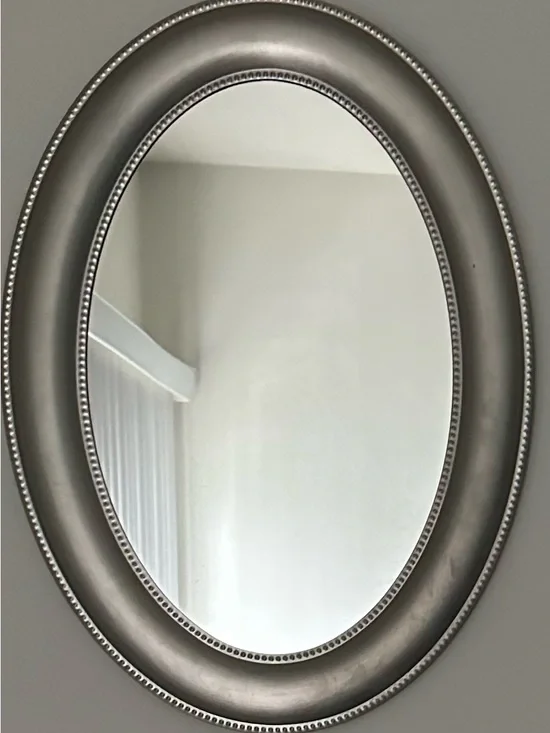 Silver Oval Wall Mirror with Beaded Trim