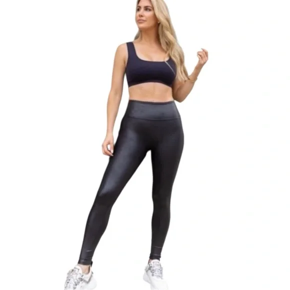 Assets by Spanx Black Faux Leather Leggings Tights Pants size Large