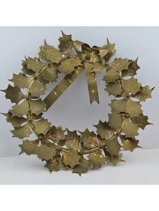 Vintage 1970s Solid Brass Christmas Wreath 15” Montgomery Ward Holly Decor