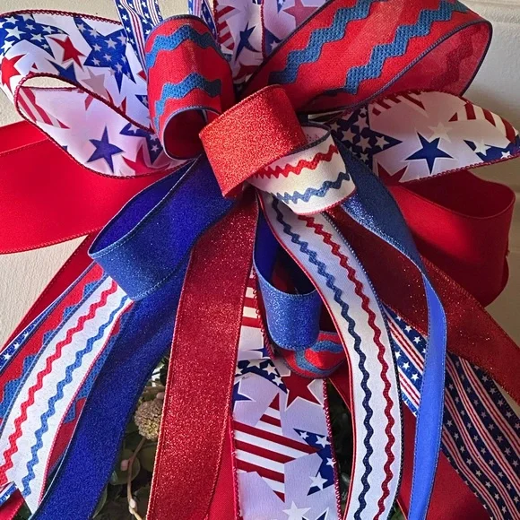 Patriotic Ric Rac Red, White, and Blue Holiday Bow; Custom Handmade Bow