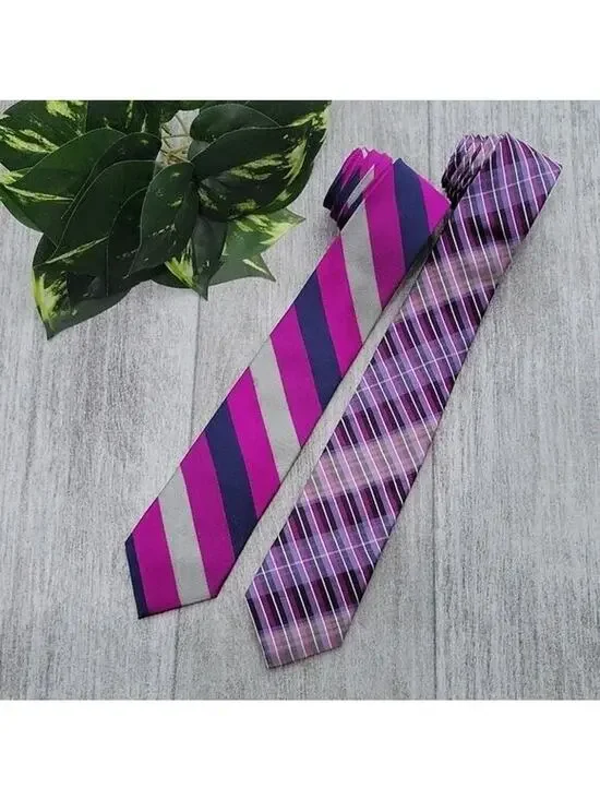 Ben Sherman Purple Striped & Plaid 100% Silk Men's Slim Necktie Bundle