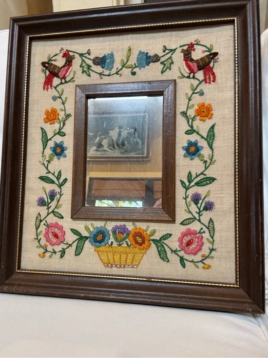 Vintage embroidery crewel framed mirror. Floral bird design