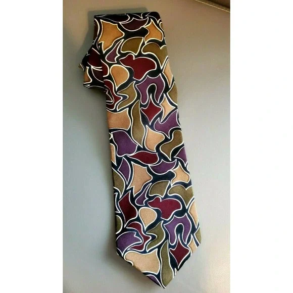 Cezani Purple Green Gold Abstract Silk Tie