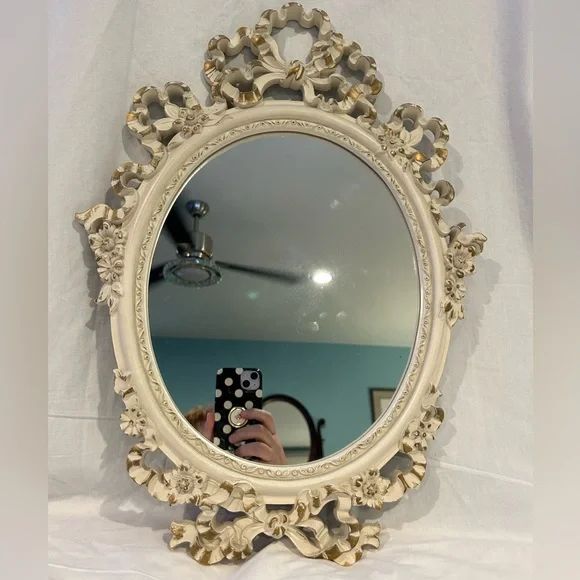 Vintage Syroco wood white and gold frame mirror, Victorian, bow