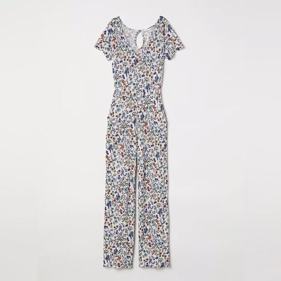 H&M Women M Ditsy Floral Boho V-Neck Short Sleeve Tapered Leg Jersey Jumpsuit