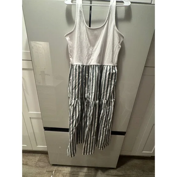 J.Crew Womens Tiered Striped Mixed Media Midi Dress White‎ Green Sleeveless L