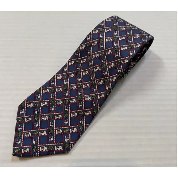 Salvatore Ferragamo Silk Tie Elephants Camels Palms Blue Red Novelty Print Italy