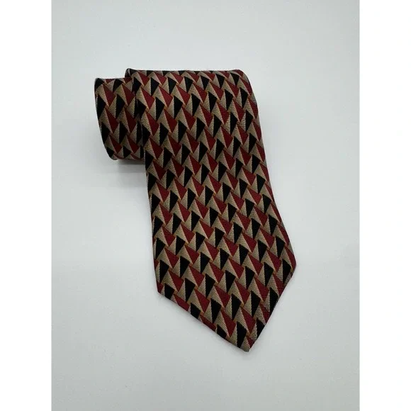 Sartori Men's Silk Tie Red Gold Black Geometric Triangle Pattern Classic Necktie