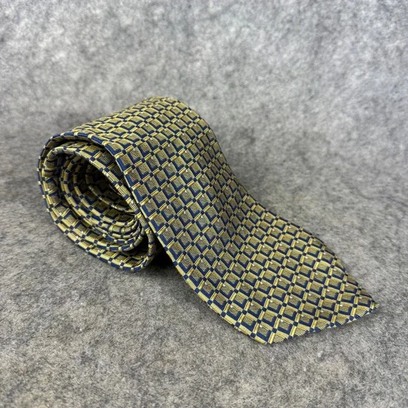 Grant Thomas Patterned‎ Blue Gold Yellow Geometric 100% Imported Silk Tie