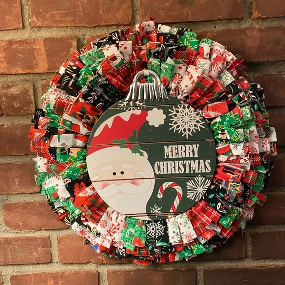 Merry Christmas Santa Ornament Rag Wreath
