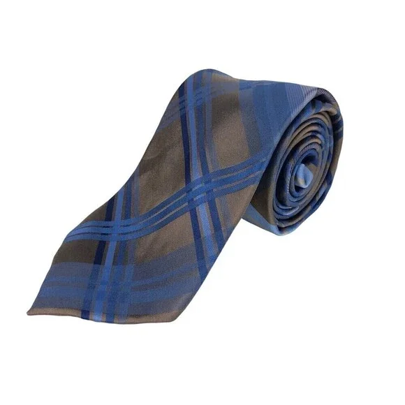 Joseph Abboud Silk Tie Mens Plaid Blue Brown 100% Silk Necktie *READ*