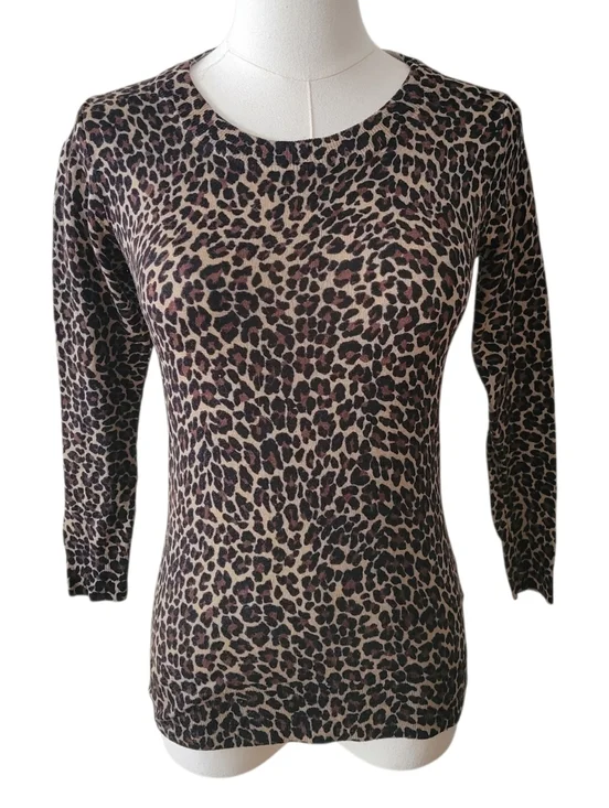 J.‎ Crew Brown Leopard Print Knit Merino Wool Sweater Size XS