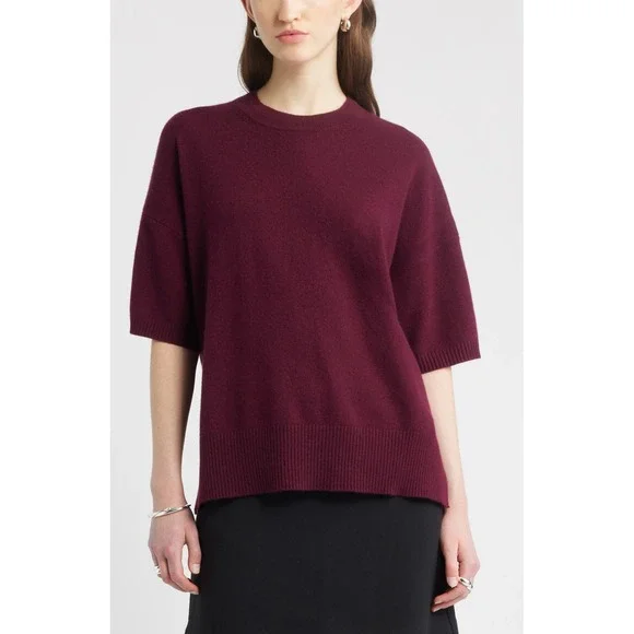 J.Crew Womens Oversized XS Lambswool‎ Short Sleeve Crewneck Sweater Burgundy