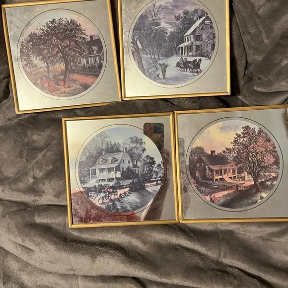 Vintage-Style Farmhouse Scene Wall Art - Set of 4 - Gold Frames