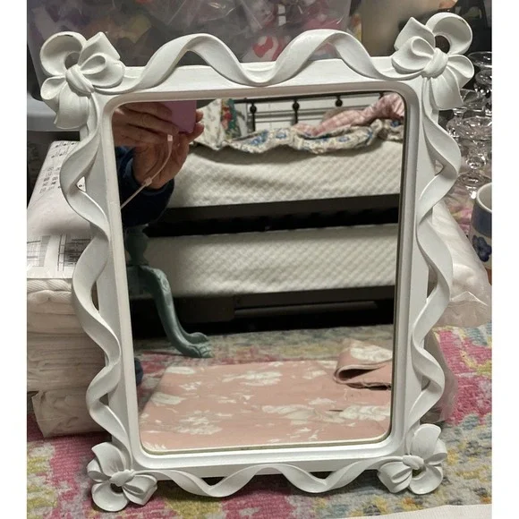 Vintage Syroco Wood Mirror Frame Bows Ribbon Cottagecore Shabby  Chic Hanging