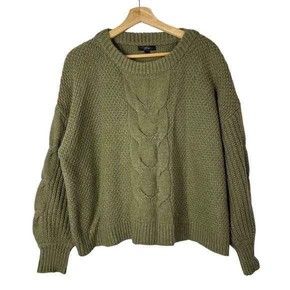 J. Crew‎ Olive Green Balloon Sleeve Cable Knit Sweater M