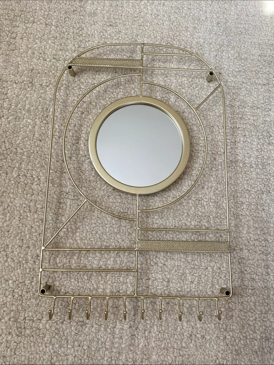Gold Metal Wall Mirror with Jewelry Organizer