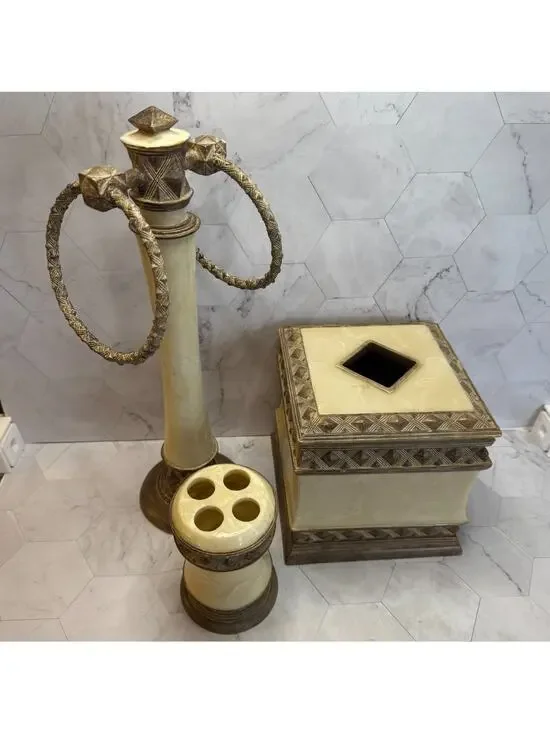 Vtg Towel Tree Tissue Cup Brunswick India Ink Bathroom Accessory Set Faux Marble