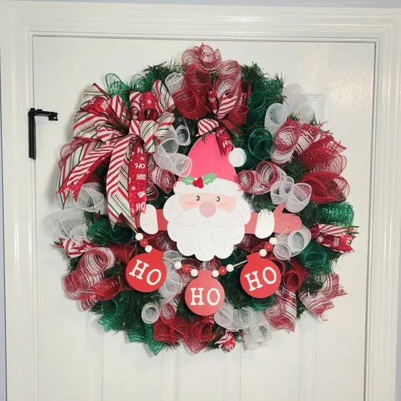 Festive SANTA HO HO HO Holiday Christmas Wreath - Red, Green, White