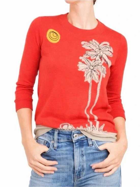 J.Crew Women’s Small Merino Wool Palm Tree Beach Lightweight Sweater Crew Neck