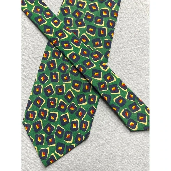 Polo Ralph Lauren Silk Tie Mens Green Blue Yellow Geometric Square Pattern USA
