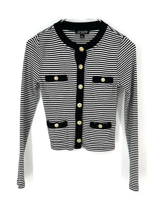 J.Crew Vintage Rib Lady Jacket XS Black White Stripe Gold Button Cardigan