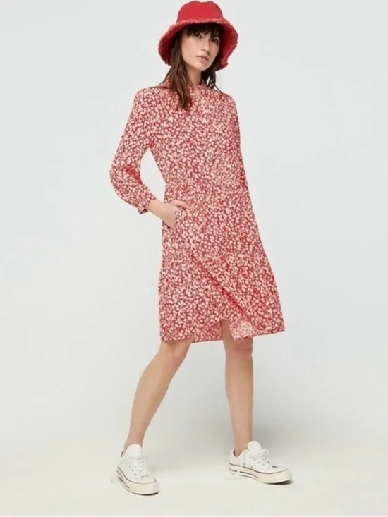 J. Crew Red Patterned Dress w/Hem Ruffle