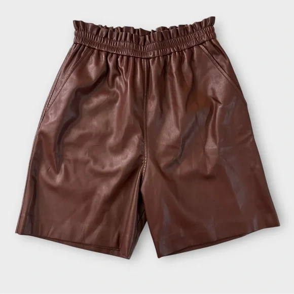 Munthe Brown Faux Leather Paperbag Bermuda Shorts FR 38 US 8 High Waisted