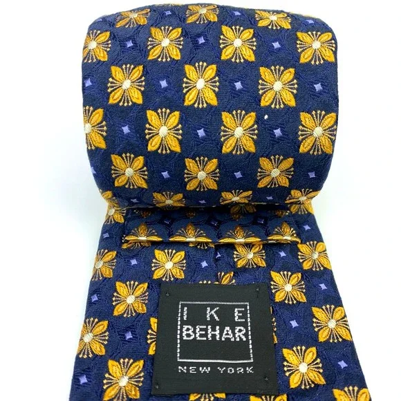IKE BEHAR NEW YORK Tie Navy Blue Yellow Lavender 100% Silk Hand Tailored Necktie