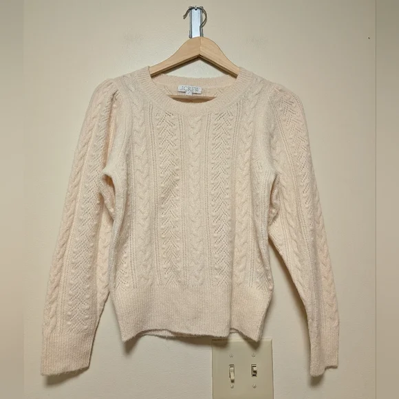 J.Crew Cream Cable Knit Puff Sleeve Sweater Small