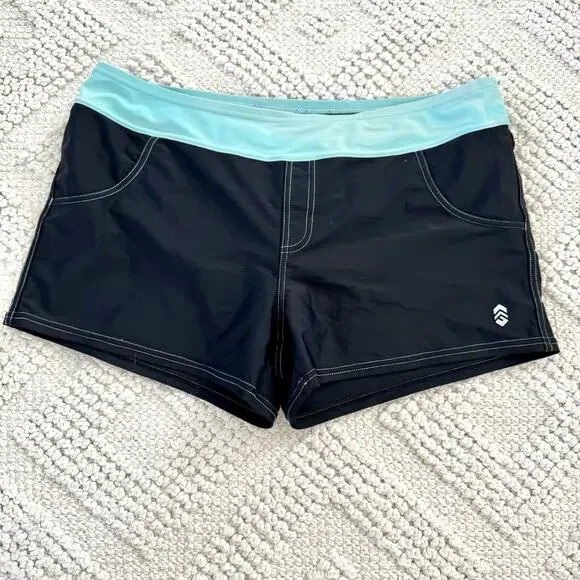 Free Country Women's Large Swim Stretch Shorts W/Brief UPF+ Black Aruba Blue