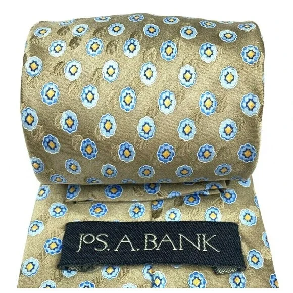 JOS A BANK Tie Grayish Beige Blue Yellow Floral 100% Silk Hand-sewn Necktie 59