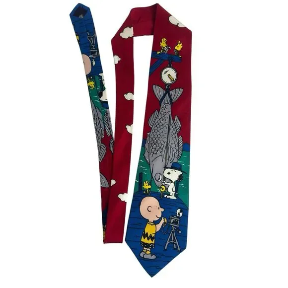 Peanuts Men's 100% Silk Necktie Worlds Greatest Fisherman Snoopy Charlie Brown