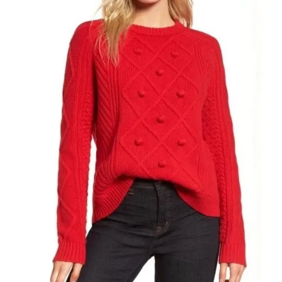 J. Crew Hawthorne Cable Knit Pom-Pom 100% Wool Sweater