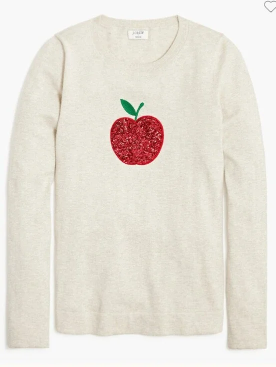 J. Crew Teddie Cotton Crewneck Sweater Red Sequin Apple Size Large EUC