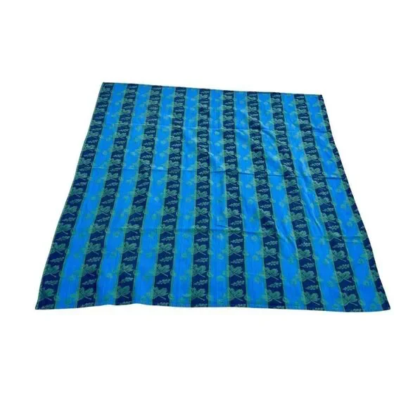 Crate & Barrel Jacquard Osk Leaf Stripe Navy, Blue &Green Cotton Tablecloth 59”