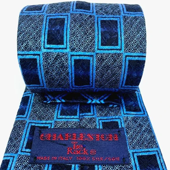 CHARLESTON Tie Rack Mens Blue Geometric 100% Silk Necktie Made in Italy