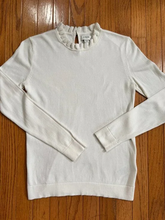 J.Crew XXS Cream Ruffle‑Neck Lightweight Cotton Sweater Button-Back